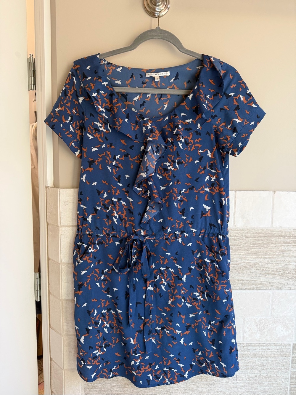 Navy Blue Ruffle Front Tie-Waist Dress with Bird Print